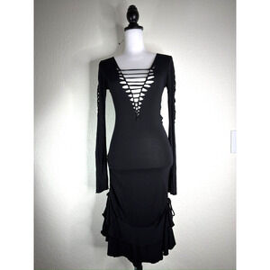 Y2K Black V-Neck Peep Cut Out Flare Bodycon Dress Halloween Goth Witch Sz S Sexy